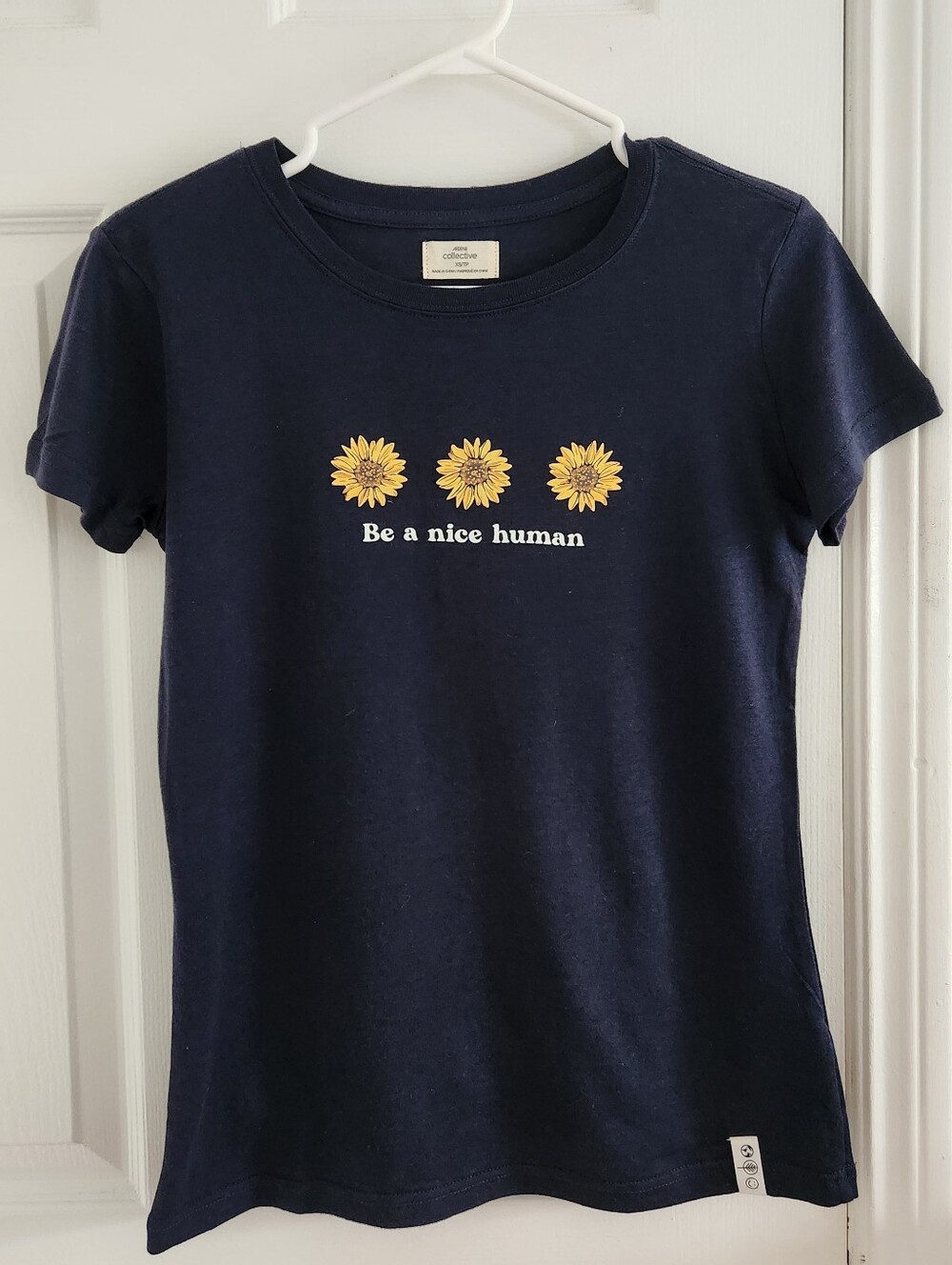 Be a Nice Human Navy Womens Tee with Sunflower Graphic